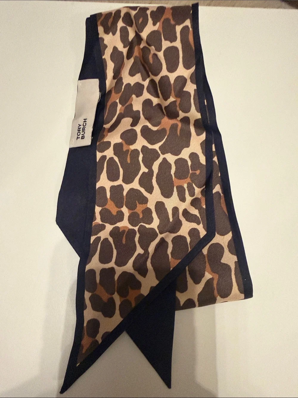 Tory Burch Leopard Print Silk Twilly with Navy Trim